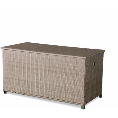 Coffre de jardin en résine tressée naturelle - Cassapanca  - 790L. vérins. roulettes. poignée et housse intérieure beige. rangement coussins 162x82cm
