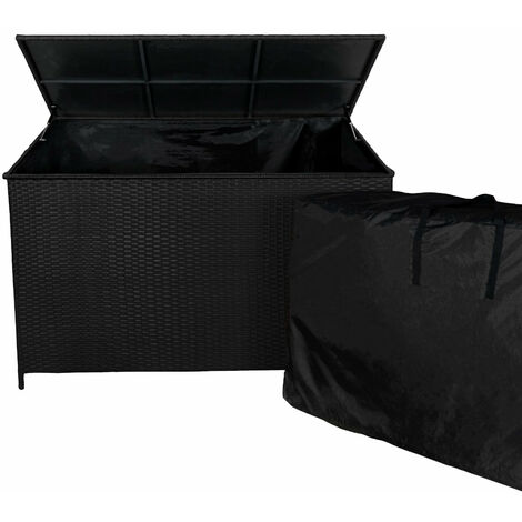 Coffre de jardin en rotin noir 582 L – Résistant aux UV et intempéries – Ouverture assistée par gaz – Portable avec roues et poignée