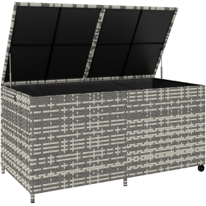 Coffre de jardin - Outsunny - 2 roues - doublure imperméable, tige pneumatique sécurisée - résine tressée - 150 x 75 x 74 cm - gris Coffre de jardin - Outsunny - 2 roues - doublure imperméable, tige pneumatique sécurisée - résine tressée - 150 x 75 x 74 cm - gris