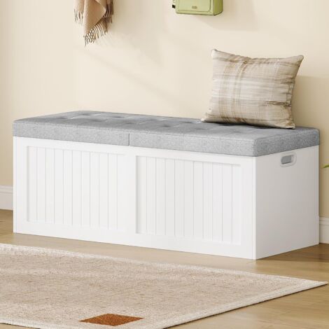 Coffre de Rangement, 109 cm, Banc à Chaussures, avec 2 Charnières de Sécurité, Banc de Rangement, avec Coussin en Lin, pour Couloir, Chambre, Salon, Blanc-Gris