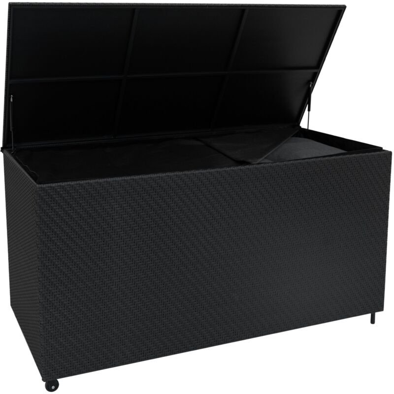 Coffre de Rangement 700 L en Rotin Noir Extérieur & Doublure Imperméable Housse Coussin Large Terrasse Cadre en Acier Résistant aux Intempéries