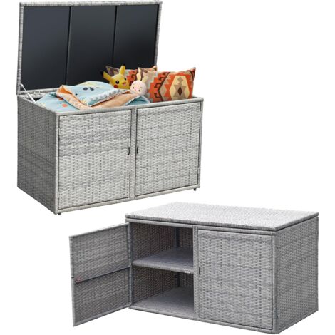 Coffre de Rangement à 2 Niveaux en Rotin PE, Grande Boîte avec 2 Portes & Couvercle, Armoire pour Jardin, Balcon, Piscine, Salon, Intérieur Extérieur, 115x60x65 cm (Noir)