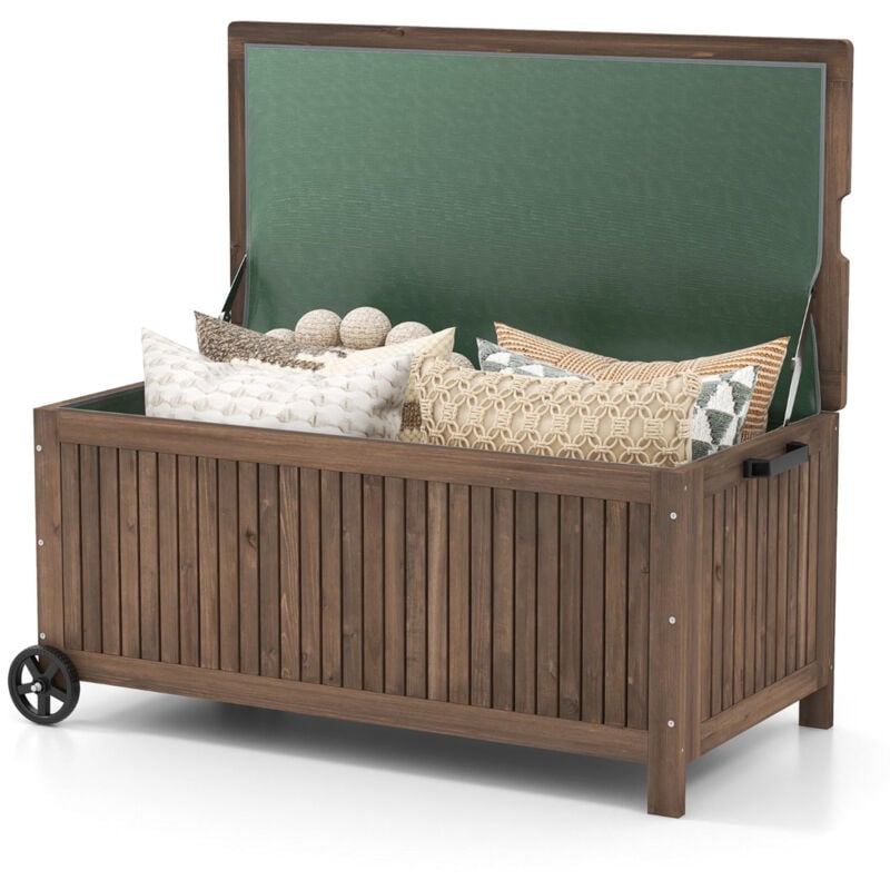 Coffre de rangement à roulettes 213 litres 114 x 58,5 x 51 cm avec doublure amovible imperméable pour jardin charge 50kg marron