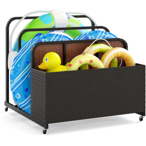 Coffre de Rangement au Bord de la Piscine en Rotin PE, Chariot Roulant d'Extérieur avec Roues, 2 Barres et 1 Panier, pour Coussins, Serviette, Marron