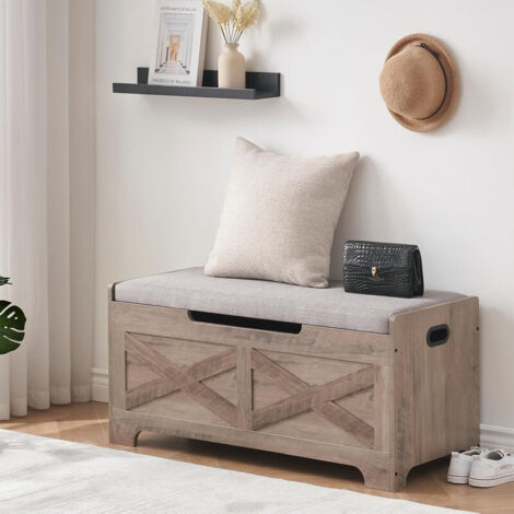 Coffre de rangement avec rangement - grand banc de rangement d’entrée en bois avec coussin souple et 2 charnière de sécurité, pouf à chaussures coffre organisateur de jouet pour chambre à coucher salo