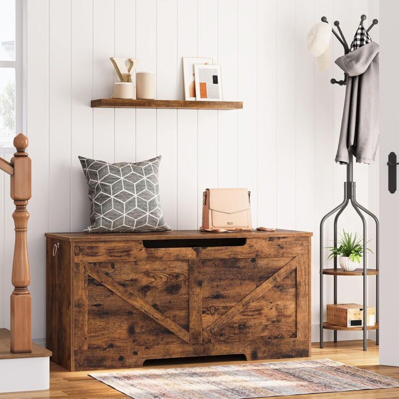 Coffre de Rangement, Banc de Rangement avec Couvercle en Bois, Solide, Stable, charnières de sécurité, Large Dessus, Armoire à Jouets, Banc à