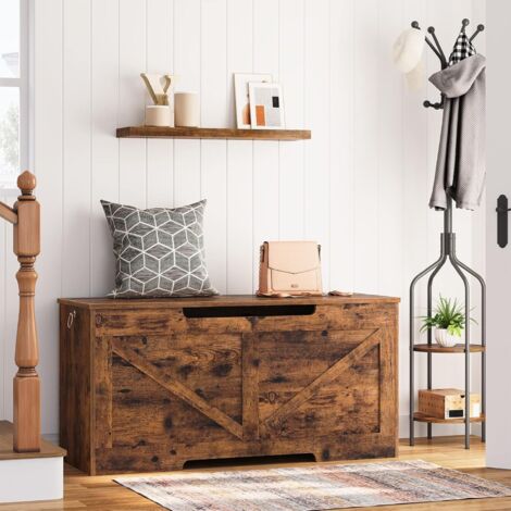 Coffre de Rangement, Banc de Rangement avec Couvercle en Bois, Solide, Stable, charnières de sécurité, Large Dessus, Armoire à Jouets, Banc à Chaussures, Marron Rustique EBF771CW01,HOOBRO