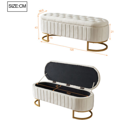 Coffre de rangement banquette en tissu velours beige, repose-pieds rembourré avec espace de stockage caché, confortable et décoratif pour salon et chambre