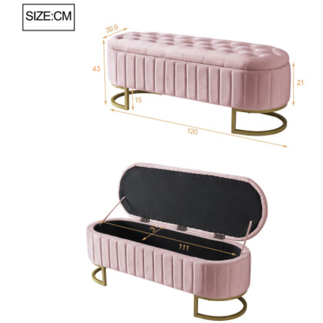 Coffre de rangement banquette en tissu velours rose, repose-pieds rembourré multifonction avec grand espace de rangement, design tendance pour intérieur moderne