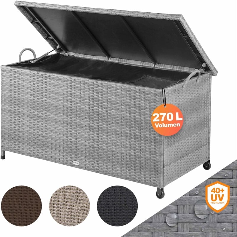 Coffre de jardin xxl Gris Coffre de rangement avec roulettes 270 l étanche Vérin à gaz 117x53x60 cm Jardin Balcon - Casaria