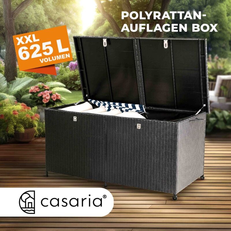 Coffre de rangement en polyrotin 625 litres XXL sur roulettes Coffre de jardin Coffre de coussin Banc noir Vérins à gaz