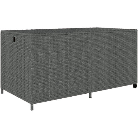 Coffre de rangement en rotin 650L résistant aux intempéries avec couvercle et roulettes, dimensions 150x75x74 cm, couleur gris foncé