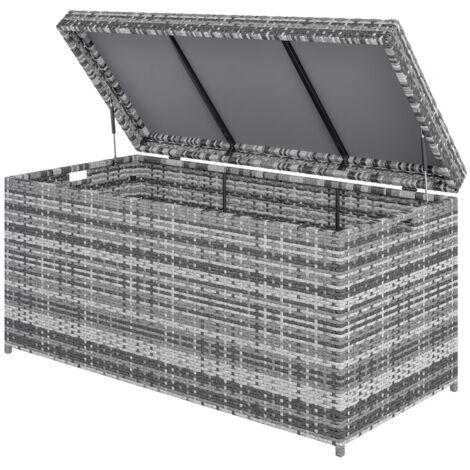 Coffre de rangement en rotin de 380 litres, étanche et résistant aux UV, avec poignée – idéal pour une utilisation sur terrasse ou balcon.