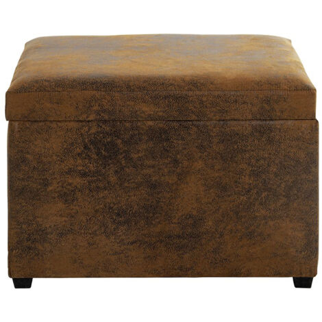 Coffre de rangement en simili-cuir coloris marron vintage et bois -longueur 58 x profondeur 39 x hauteur 42 cm