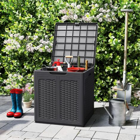 Coffre de Rangement Extérieur 145 L Conteneur de Terrasse avec Motifs en Rotin & Couvercle Verrouillable Coffre en Plastique Marron