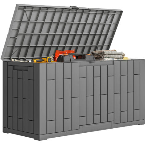 Coffre de Rangement Extérieur 227 L Verrouillable avec Vérin à Gaz, Aspect Bois, 106,5x43x54,5cm, Gris