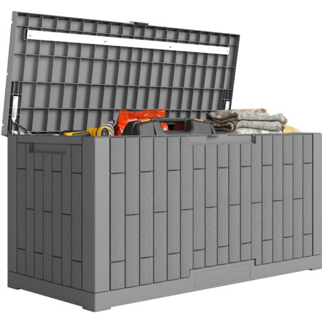 Coffre de rangement extérieur 379 L verrouillable avec vérin à gaz, aspect bois gris 122,5x56x62 cm, coffre jardin étanche et résistant aux intempéries.
