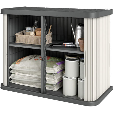 Coffre de rangement extérieur 480L, 2 niveaux portes coulissantes, résistant UV, 120,5x59,5x92cm, marron clair