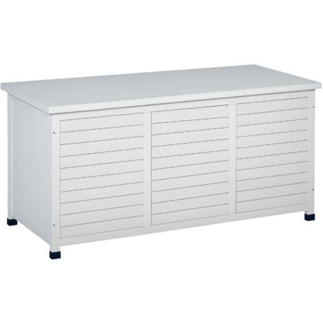 Coffre de rangement extérieur en bois de sapin avec base surélevée et couvercle, banc de rangement extérieur imperméable, 127x56x60 cm, blanc