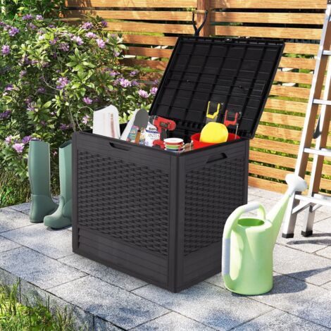 Coffre de Rangement Extérieure en PP 96 L avec Motifs en Osier et Couvercle Verrouillable Conteneur de JardinRésistant aux Intempéries Brun