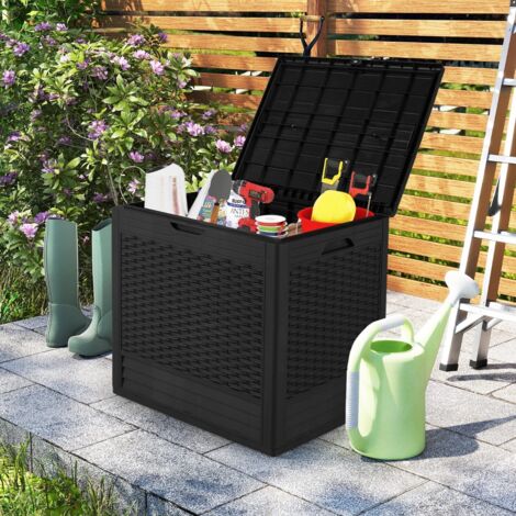 Coffre de Rangement Extérieure en PP 96 L avec Motifs en Osier et Couvercle Verrouillable Conteneur de JardinRésistant aux Intempéries Noir