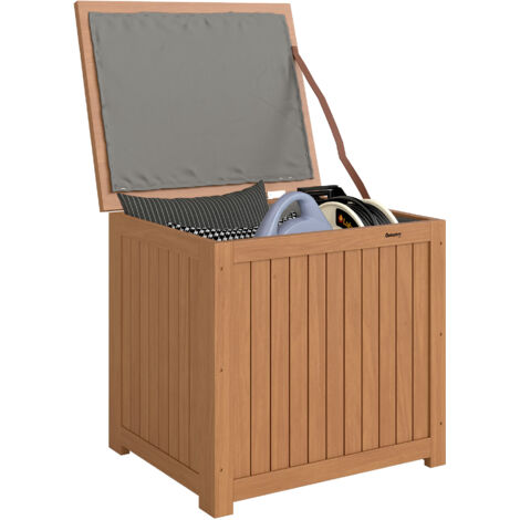 Coffre de rangement jardin 130L en bois massif brun, avec doublure amovible pour coussins et outils, boîte extérieure étanche et robuste.