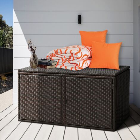 Coffre de Rangement Jardin 335L en Rotin PE Charge Max.120 kg Cadre en Acier avec 2 Etagères 115 x 60 x 65 CM Marron DESIGN IN