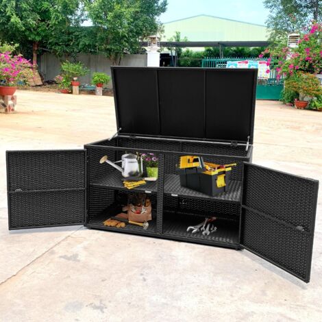 Coffre de Rangement Jardin 335L en Rotin PE Charge Max.120 kg Cadre en Acier avec 2 Etagères 115 x 60 x 65 CM Noir