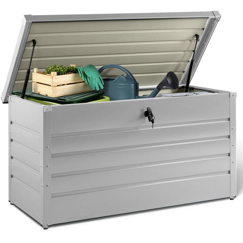 Coffre de rangement métal verrouillable gris clair pour jardin 350L 120x62,5x63 cm