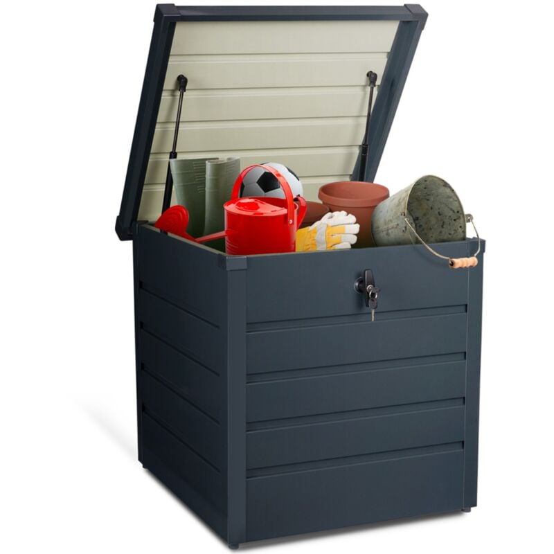 Coffre de rangement métal verrouillable gris anthracite pour jardin 200L 68x62,5x63 cm