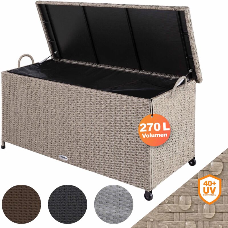 Casaria - Coffre de jardin xxl Crème Coffre de rangement avec roulettes 270 l étanche Vérin à gaz 117x53x60 cm Jardin Balcon