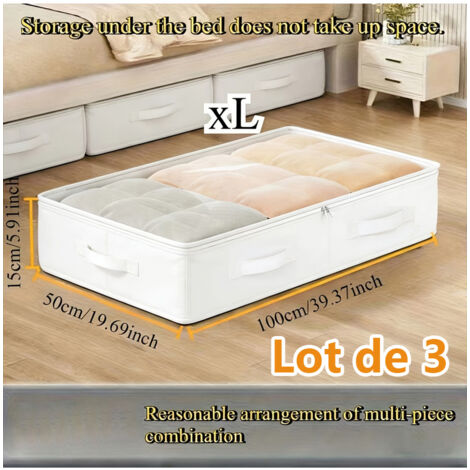Coffre de rangement sous lit, 3 pièces, 1005015 cm, tissu non tissé, sac de rangement pliable, rangement pour vêtements avec fenêtre transparente pour couettes, vêtements
