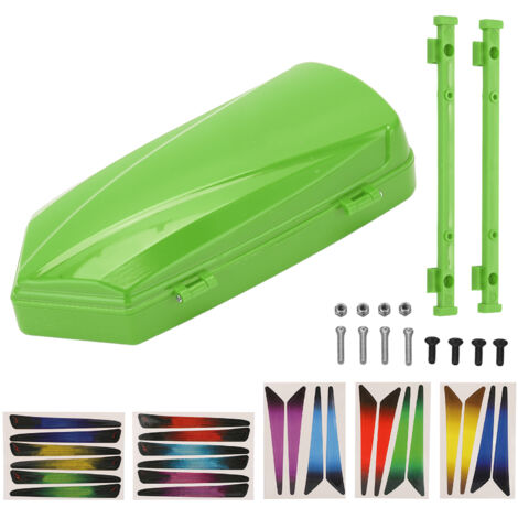 Coffre de toit RC vert pour modèles SCX10 90046, compatible voitures 1/10 et 1/8, inclut support et autocollants.