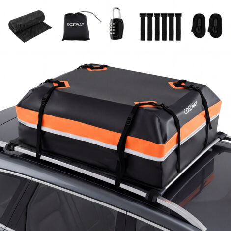 Coffre de Toit Voiture Étanche 450 L, avec Tapis Antidérapant 6 Crochets de Porte Verrou, Sac de Transport, pour Véhicules avec/sans Galerie (Orange)