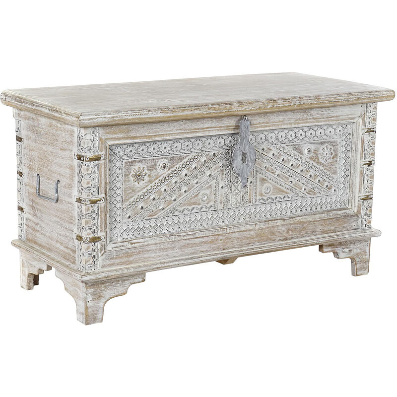Coffre en bois de manguier et laiton coloris blanc vieilli - Longueur 88 x Profondeur 40 x Hauteur 45 cm Pegane