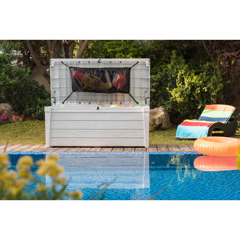 Coffre en résine de jardin blanc pour piscine - 455L - avec vérins