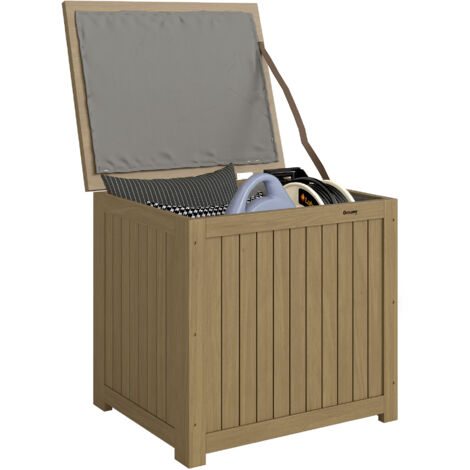 Coffre extérieur marron, 130L, bois, couvercle charnières, sangle, 63x51x58,5 cm.