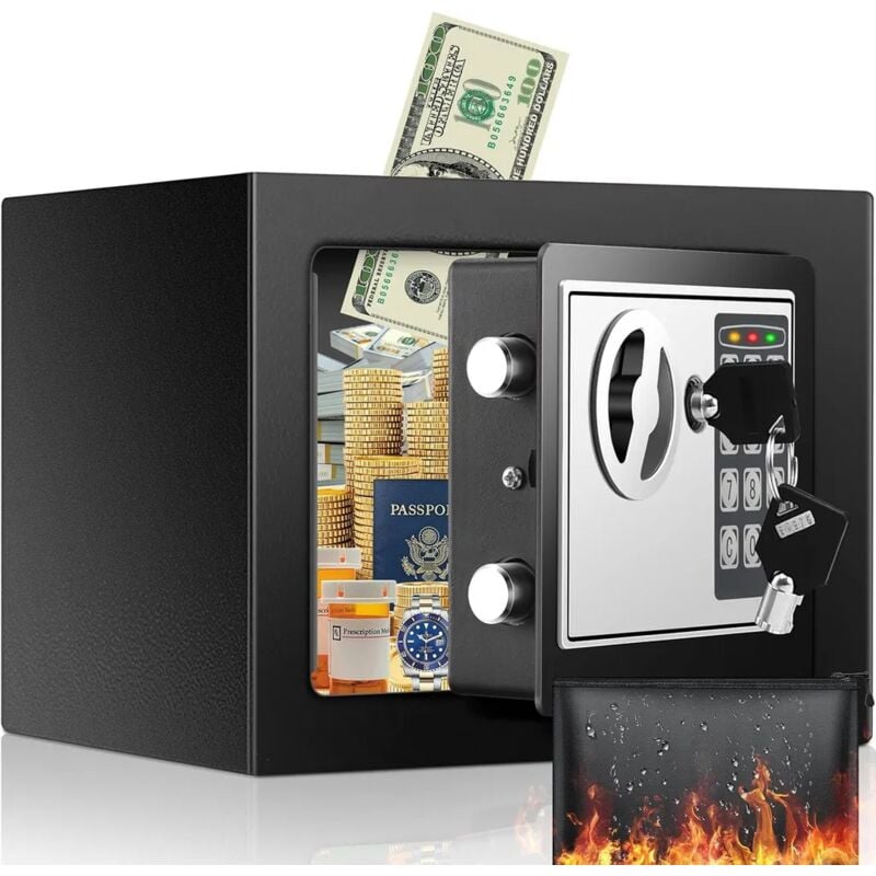 Coffre-Fort Electronique de Sécurité en Acier à clés Ignifuge Anti-feu Code Digital + 2 Clés + 4 Piles 23x17x17cm