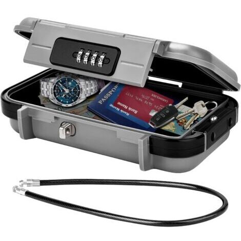Coffre-fort Portable, Coffre Fort Sécurisé Mini Coffre Fort de Voyage Étanche Antivol avec Câble Métallique, Gris