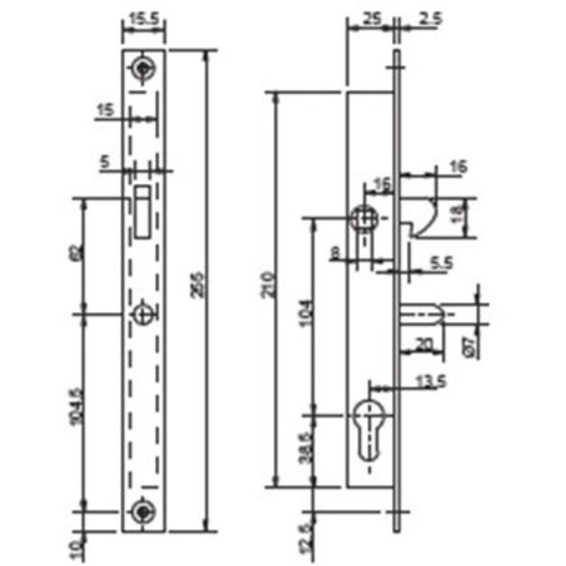 Serrure à encastrer 1 point série 28 - 29 Argent 25 13,5 104 Sans 210 mm 25 a crochet