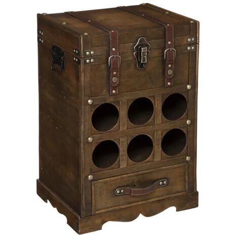 Coffre porte bouteilles avec 6 emplacements et un tiroir, coloris marron foncé - Longueur 58,5 x Profondeur 38,5 x Hauteur 28 cm