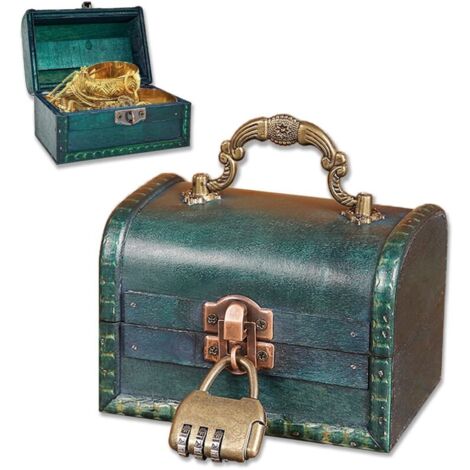 Coffre Trésor Bois Vintage - 1 pièce, Coffre Trésor Bois Vintage 11,5×8×8cm Serrure Combinaison - Émeraude, Mini Rangement