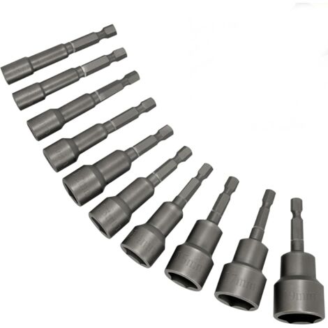 Coffret 10 douilles à queue Impact, Adaptateur Visseuse de Douille Hexagonale Magnétique Embout Aimanté 6/7/8/10/12/13/14/15/17/19mm, pour Perceuse Main électrique Perceuse Lithium