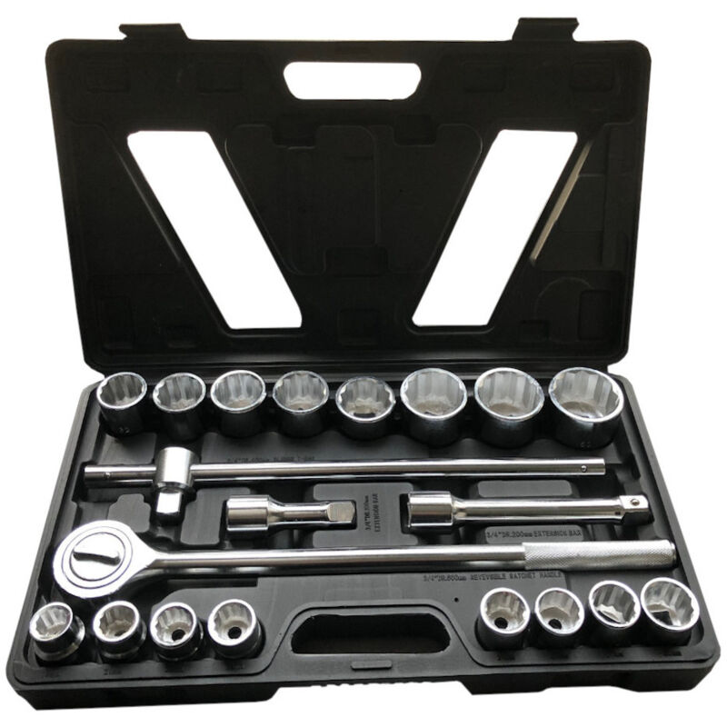 Coffret 20 pièces avec Douilles 12 Pans 3/4' de 19 à 50 mm avec Cliquet Réversible Spécial Poids Lourd - Valise Anti-Chocs Pratique pour Transport