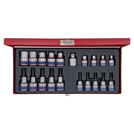 Coffret 20 pièces douilles Torx 3/8' et 1/2' – E6 à T55 – Adaptateur réducteur 1/2' → 3/8' – Rangement métallique robuste – King Tony