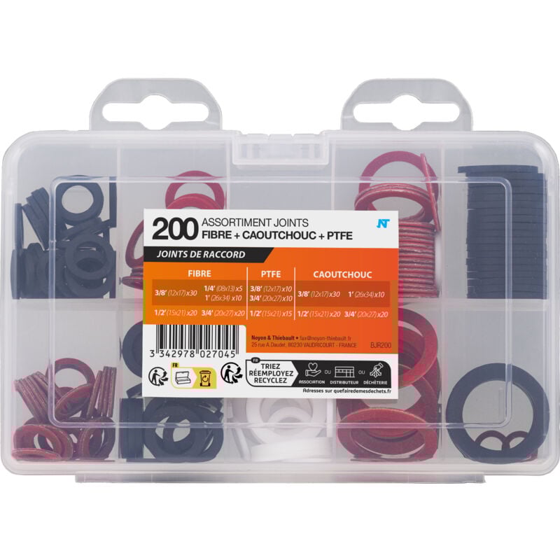 Coffret 200 joints fibre caoutchouc ptfe pour raccords Noyon&thiebault 08/12/15/20/26