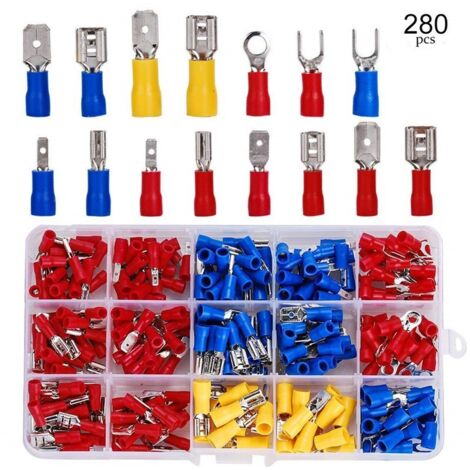Coffret 280 cosses électricien,Cosses Electriques a Sertir, 280 PCS Cosse Electrique Isolée, Connecteurs électrique a sertir, Cosses et kits, Assortiment Connecteurs Ronde Cosses Plates Cosses Femelle