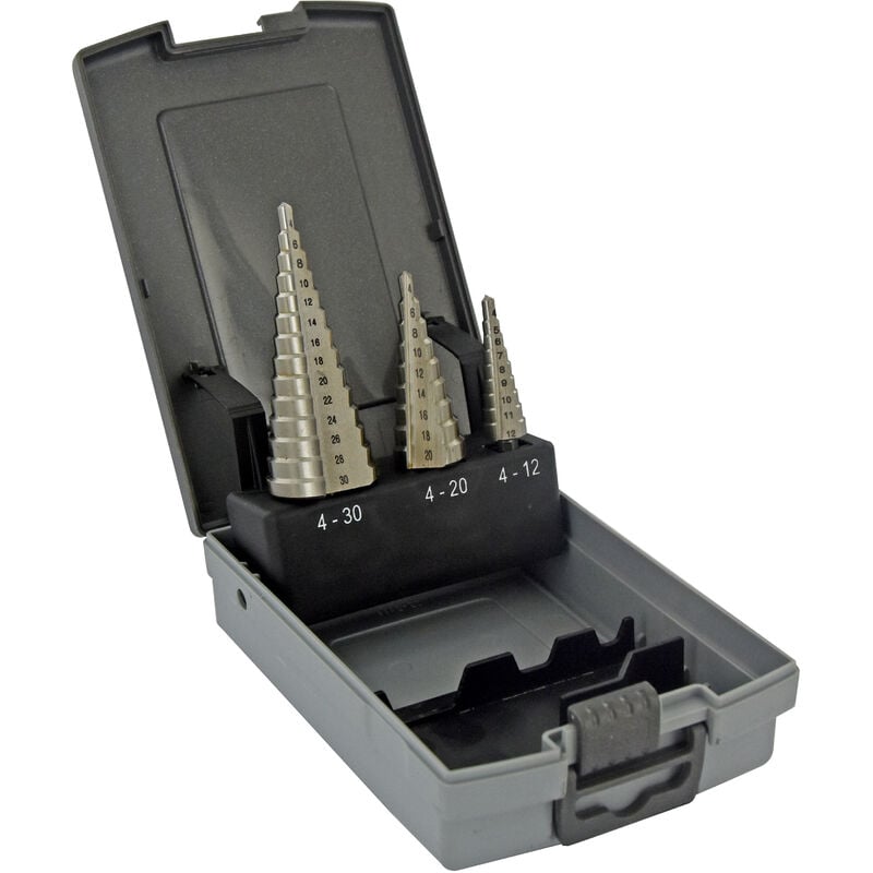 Tivoly - Coffret 3 Forets Coniques Étagés hss Auto-Centrants • Goujures Droites • Ø4mm à Ø12mm / Ø4mm à Ø20mm / Ø4mm à Ø30mm • Longue Durée de Vie •