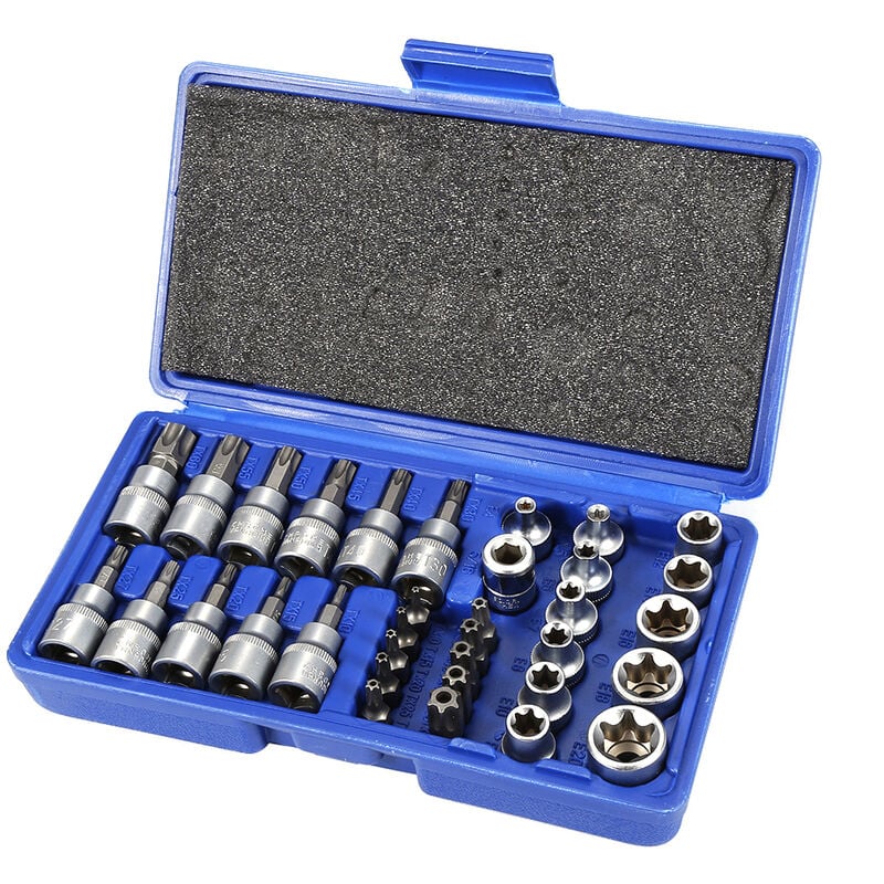 34 Pcs Coffret clés à douille Torx, Jeu de Douilles à Embouts,Douilles Torx Femelle,Torx Bit Socket Set,Acier au Chrome Vanadium