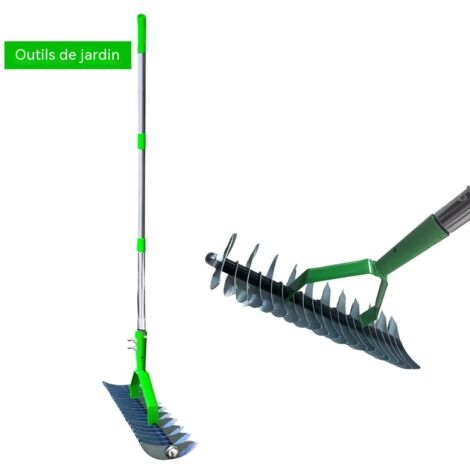 Coffret 4 outils jardinage, râteau pelouse chaume feuilles mortes, désherbage aération sol 170cm